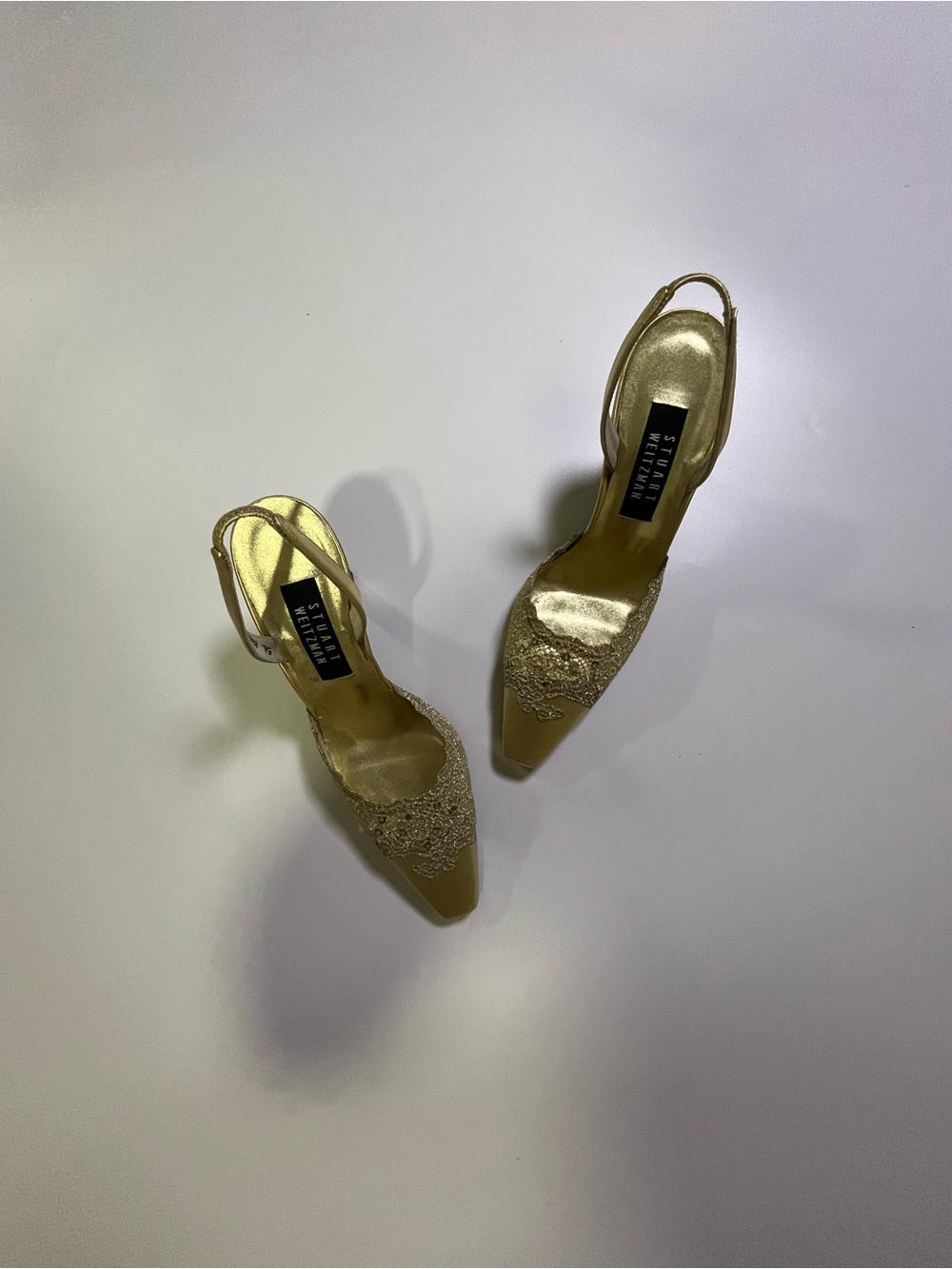 vintage stuart weitzman gold lace heels
